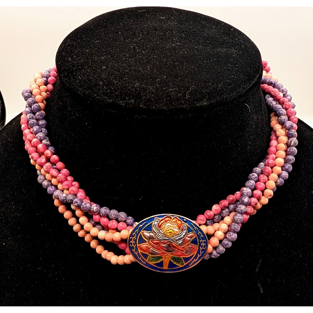 Vintage Cloisonne Enamel Rose Multi Strand Beaded Choker Necklace Pink Purple